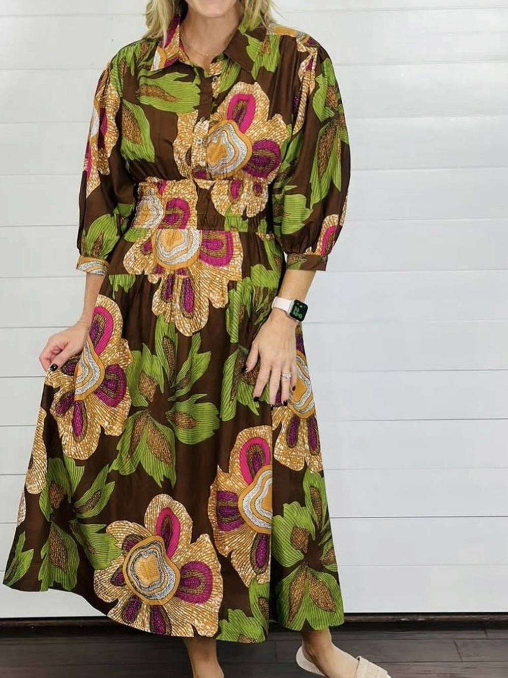 Uncle Frank Brown Floral Midi Dress with Green & Pink Accents-NWT